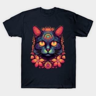 Colorful Abstract Cat and Flowers Design T-Shirt